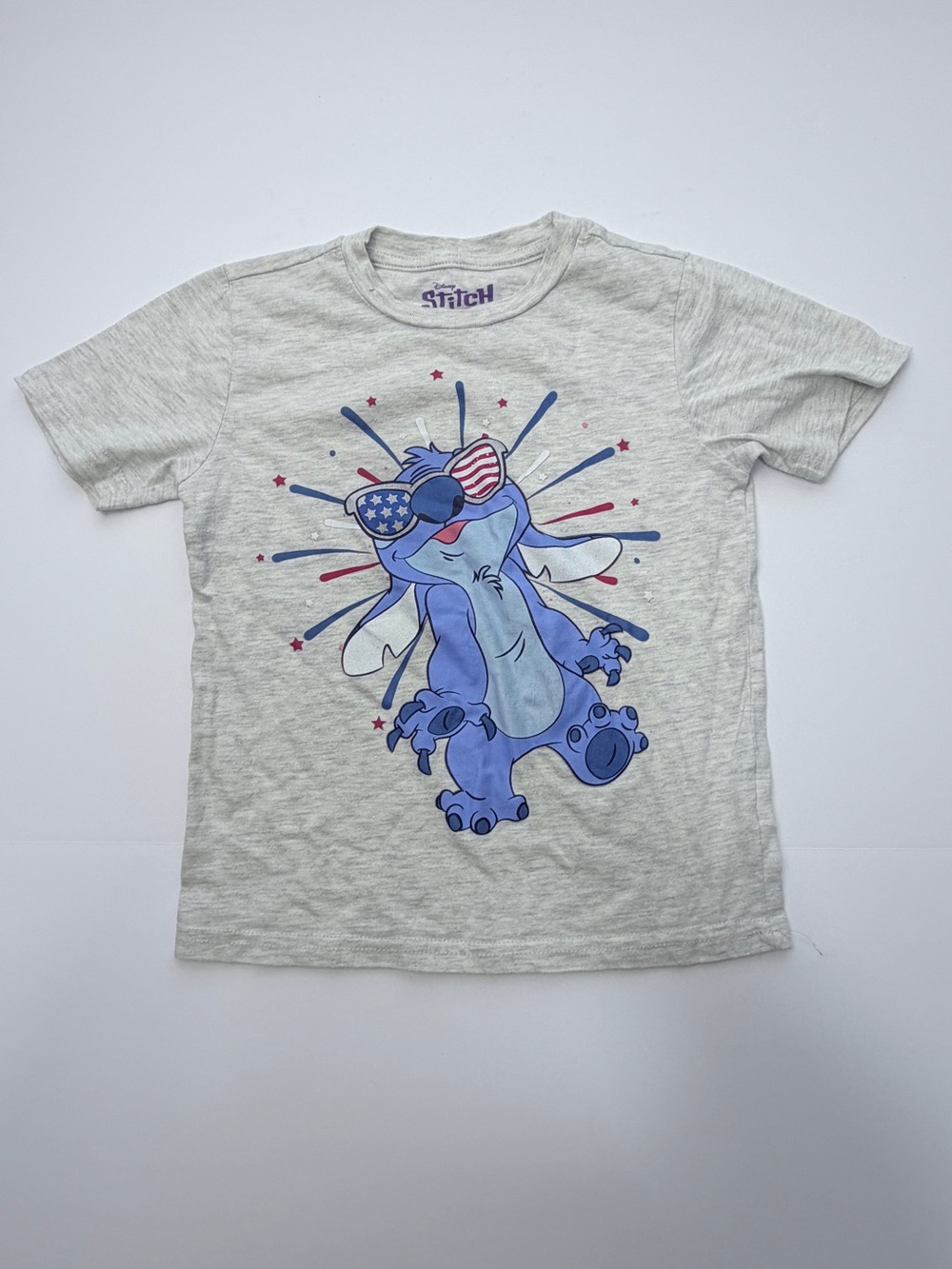 Disney Stitch Kids T-Shirt Size 5/6 Gray Patriotic USA Sunglasses Graphic Tee